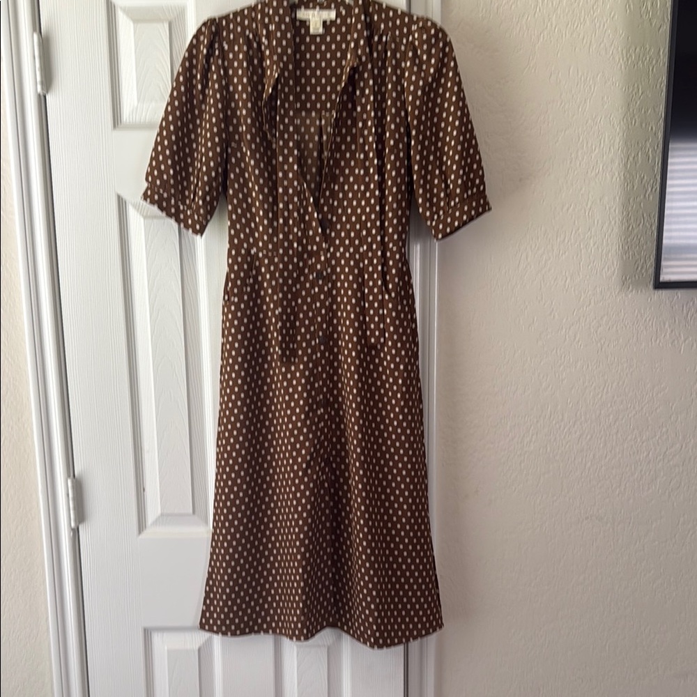 Brown and White Pleated Puff Sleeve Midi Sundress